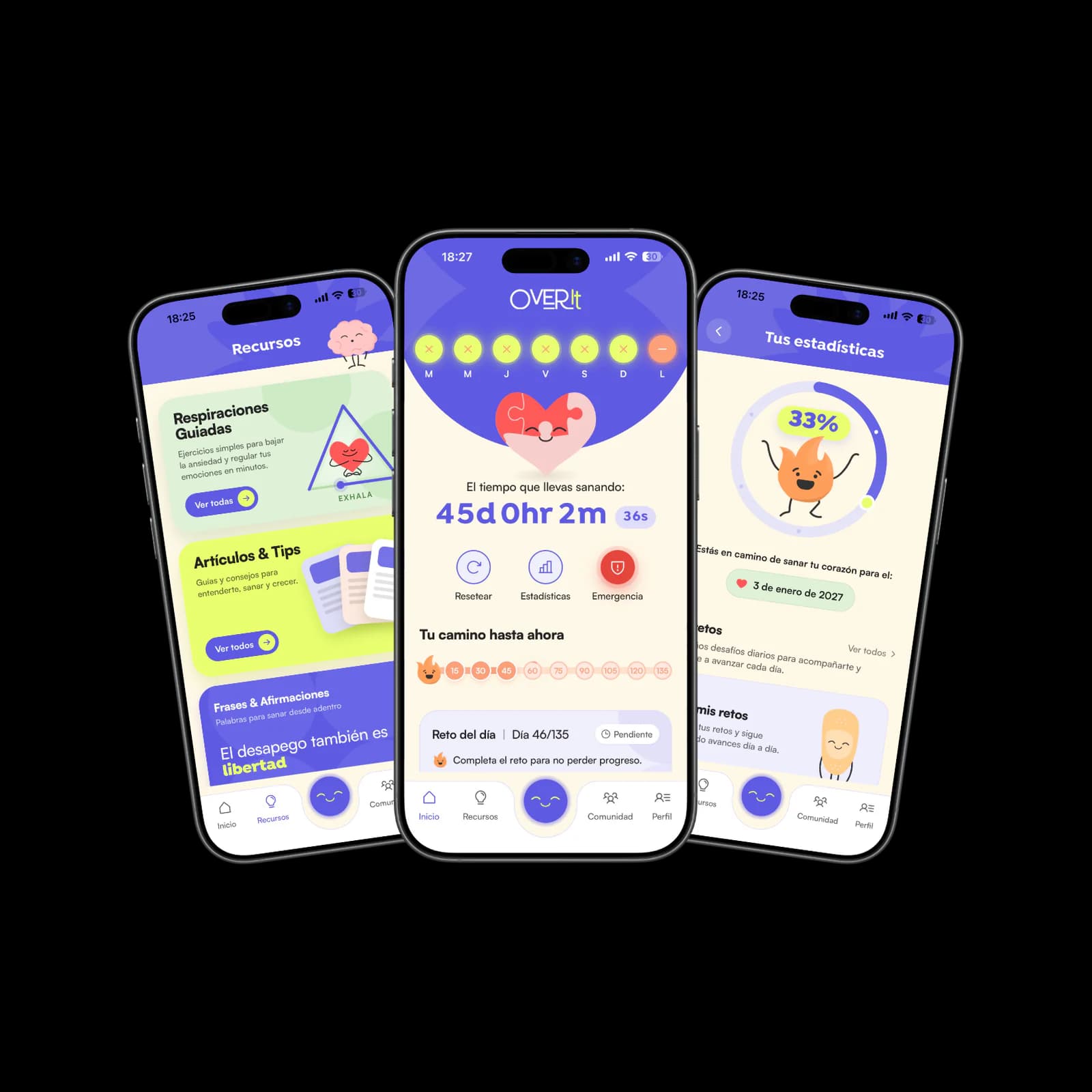 Tres pantallas de Over It, la app para superar una ruptura: recursos y respiraciones, el tiempo que llevás sanando con el reto del día, y tus estadísticas.