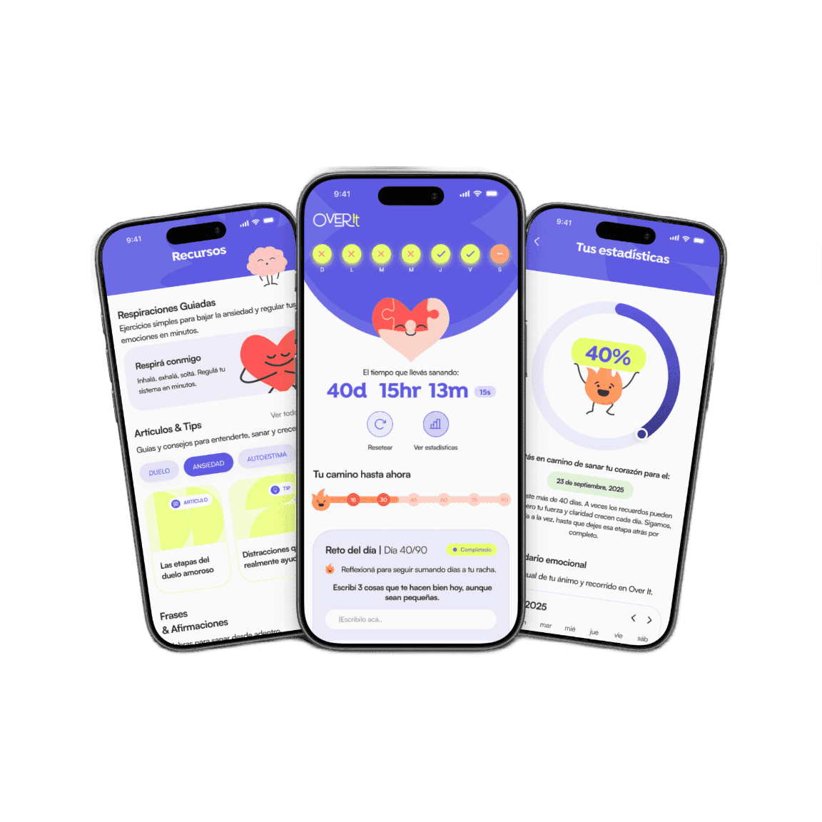 Pantallas de la app Over It: recursos, progreso y estadísticas