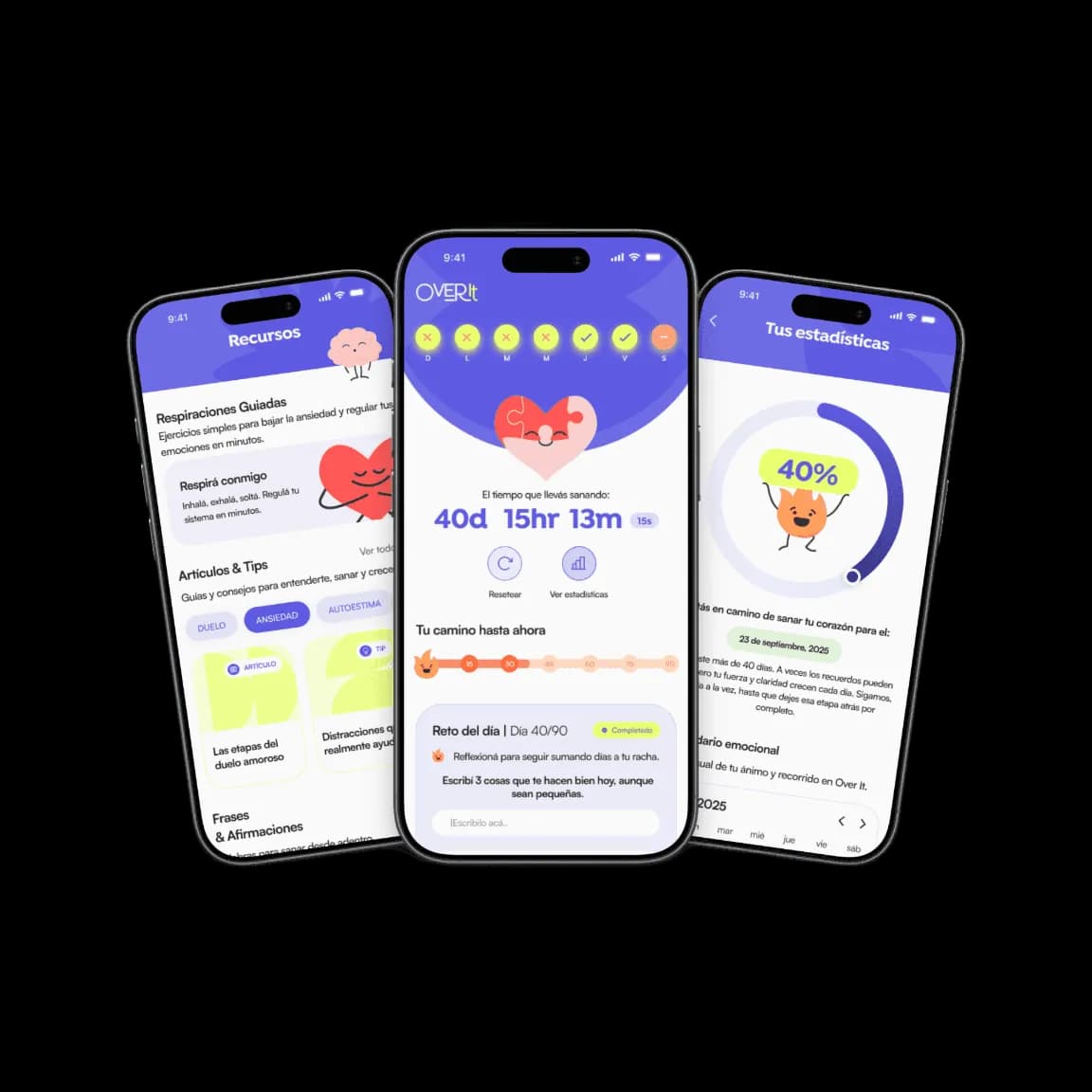 Pantallas de Over It, la app para superar una ruptura: chat con Ninety, retos diarios y seguimiento de emociones.