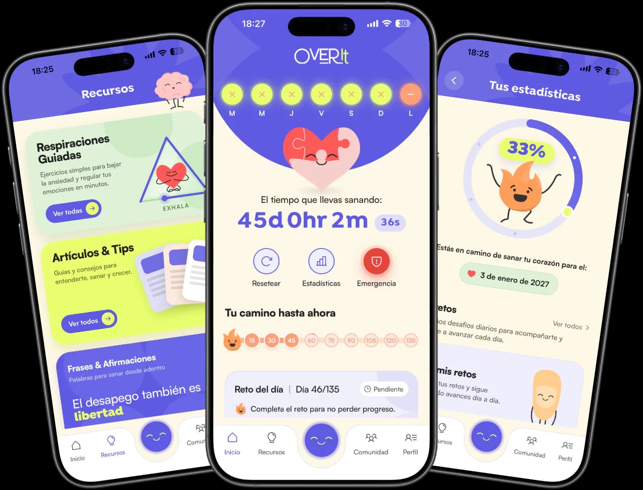 Tres pantallas de Over It, la app para superar una ruptura: recursos y respiraciones, el tiempo que llevás sanando con el reto del día, y tus estadísticas.